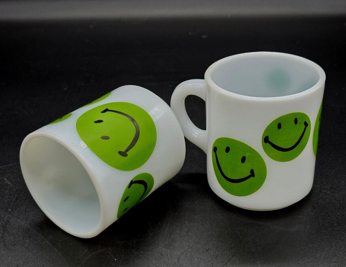 2pc Vtg Fire King Green Happy Smiley Face Milk Glass Coffee Mugs