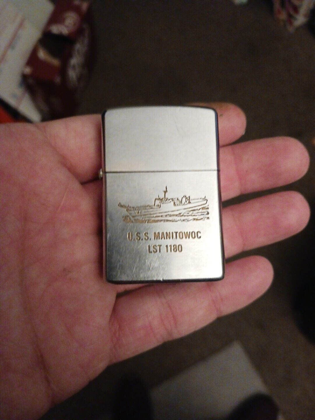 Vintage U.S.S. Manitowoc LST 1180 Chrome Double Sided Zippo Lighter