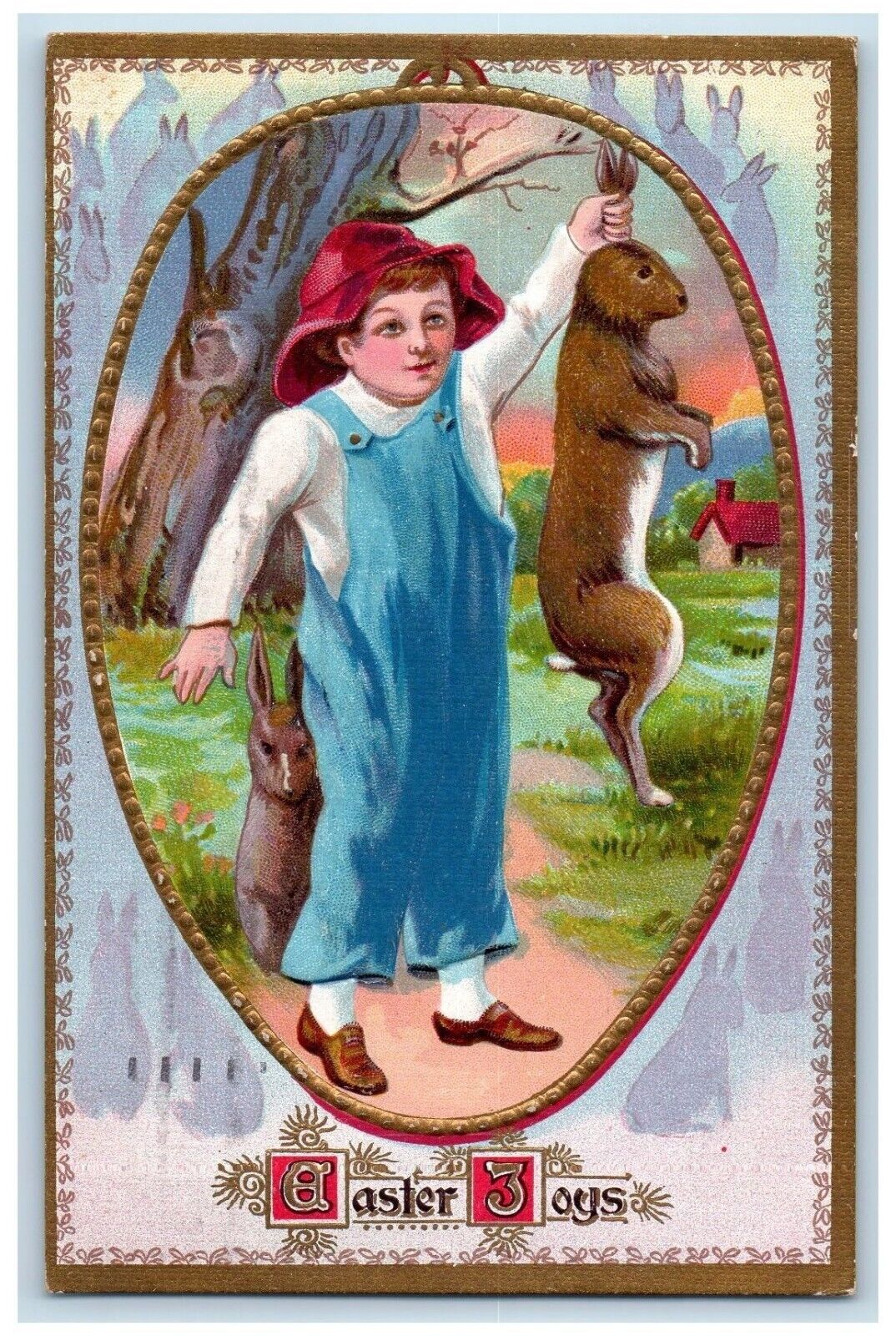 c1910\'s Easter Joys Boy Cached Rabbit Rockford Illinois IL Embossed Postcard