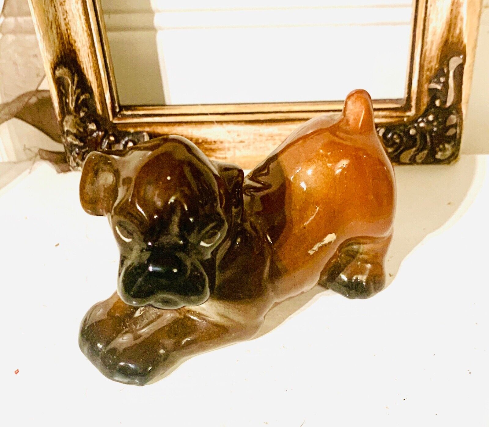 Vintage Ceramic Pouting Boxer Puppy Figurine In Perfect Condition Estate Item