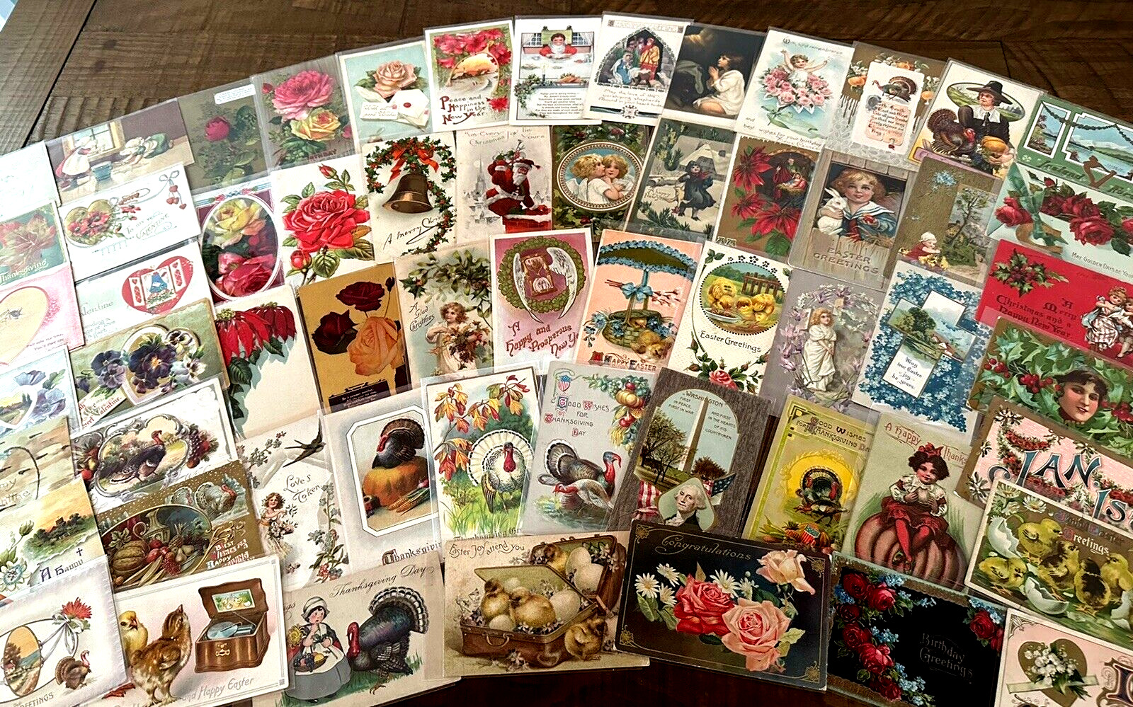 Nice Lot of 65~Mixed Vintage Antique Holidays Greeting Postcards~in sleeves-h965