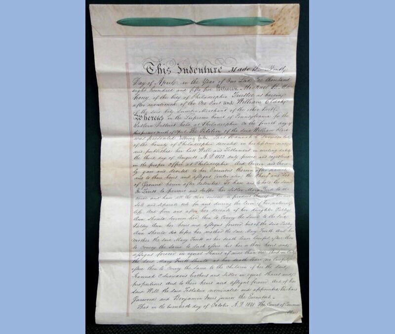 1855 antique DEED indenture MAHONEY CLARKE parchment w ribbon PHILADELPHIA PA 