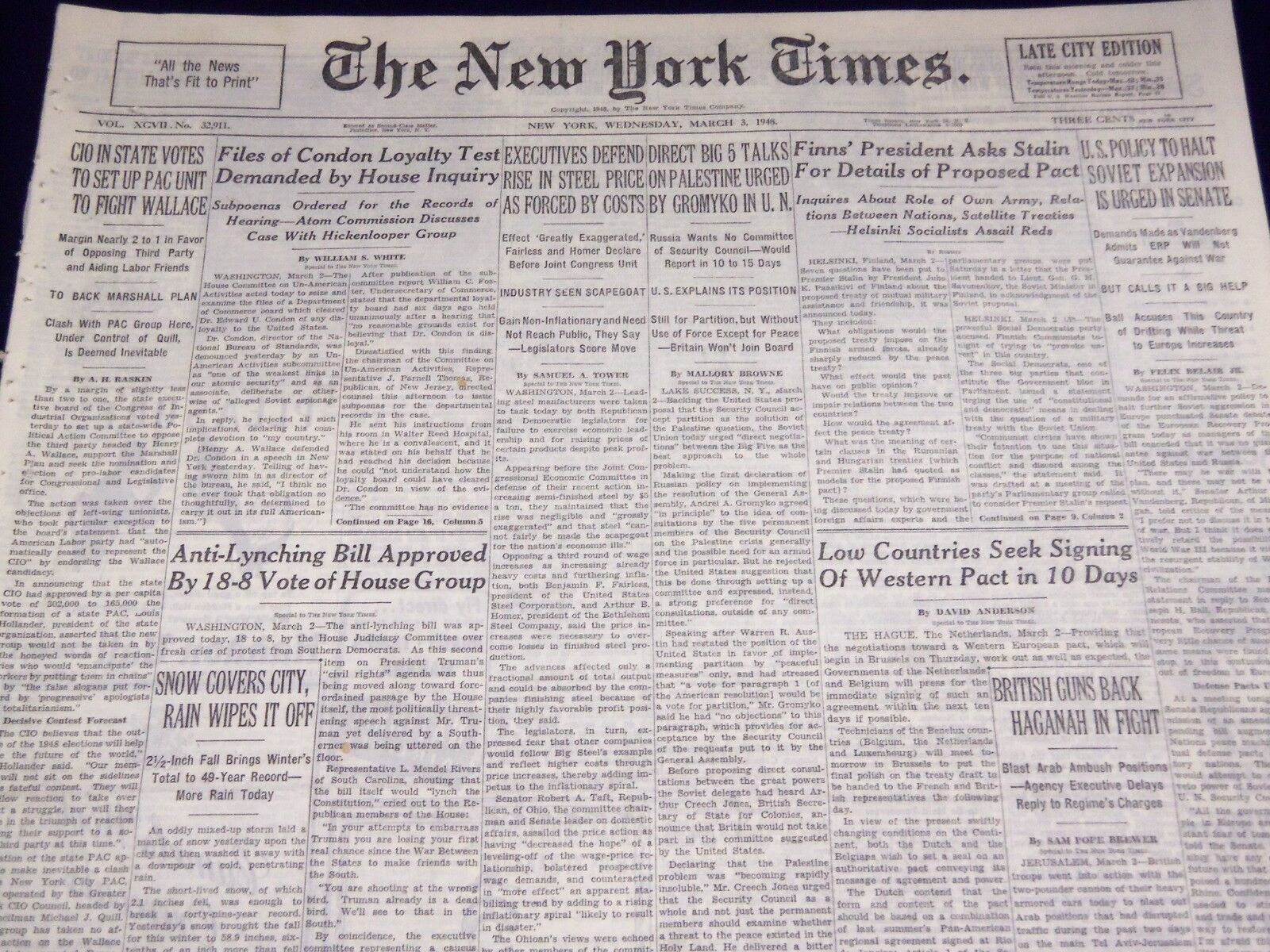 1948 MARCH 3 NEW YORK TIMES RAG EDITION - TALKS ON PALESTINE URGED - NT 2905