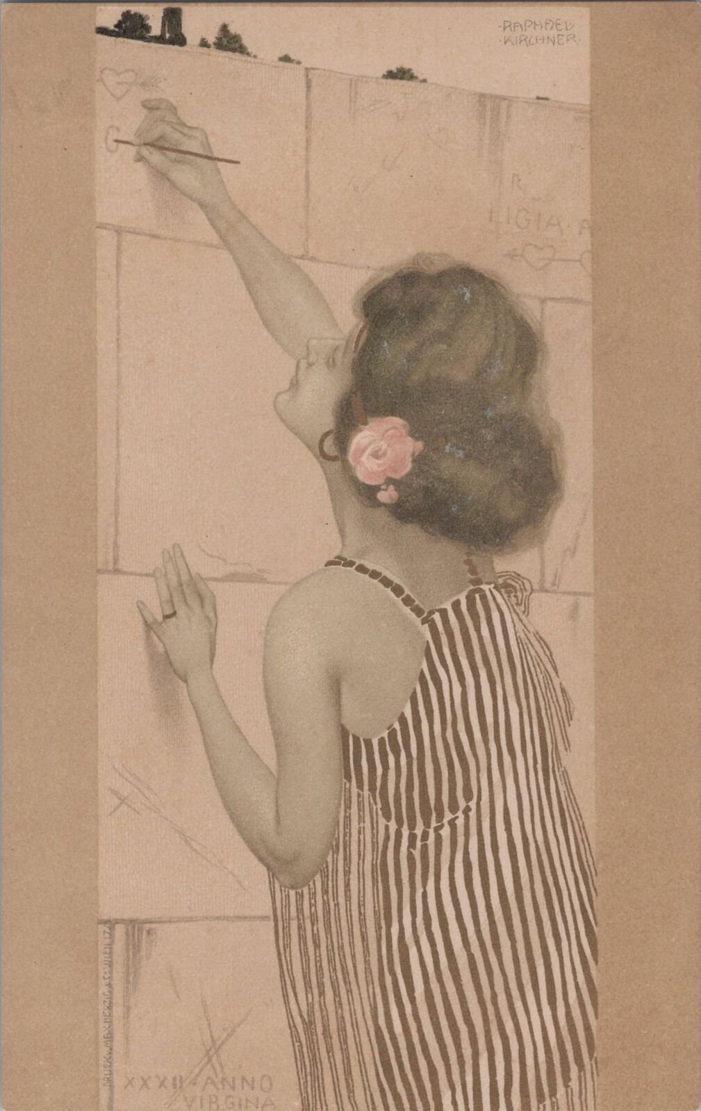 Artist Raphael Kirchner Woman Writing on the Wall Art Nouveau Postcard,Creased