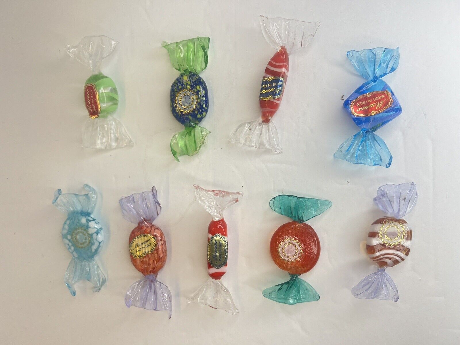 Genuine Murano Hand Blown Art Glass Wrapped Candy Pieces Lot of 9 Italy