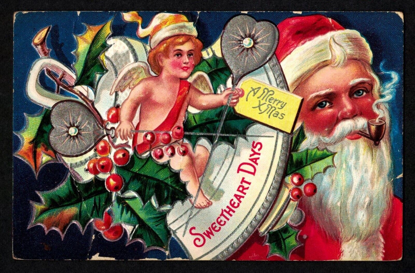 5904 Antique Vintage Christmas Postcard Santa Smoking Pipe SWEETHEART DAYS Cupid