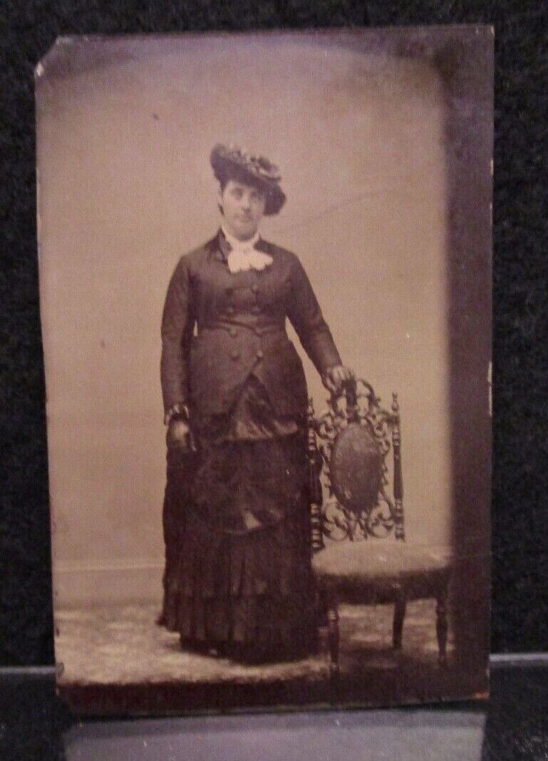 * Tintype Antique Full Body Portrait of Woman w Hat & Mourning Dress 1860s 1880s