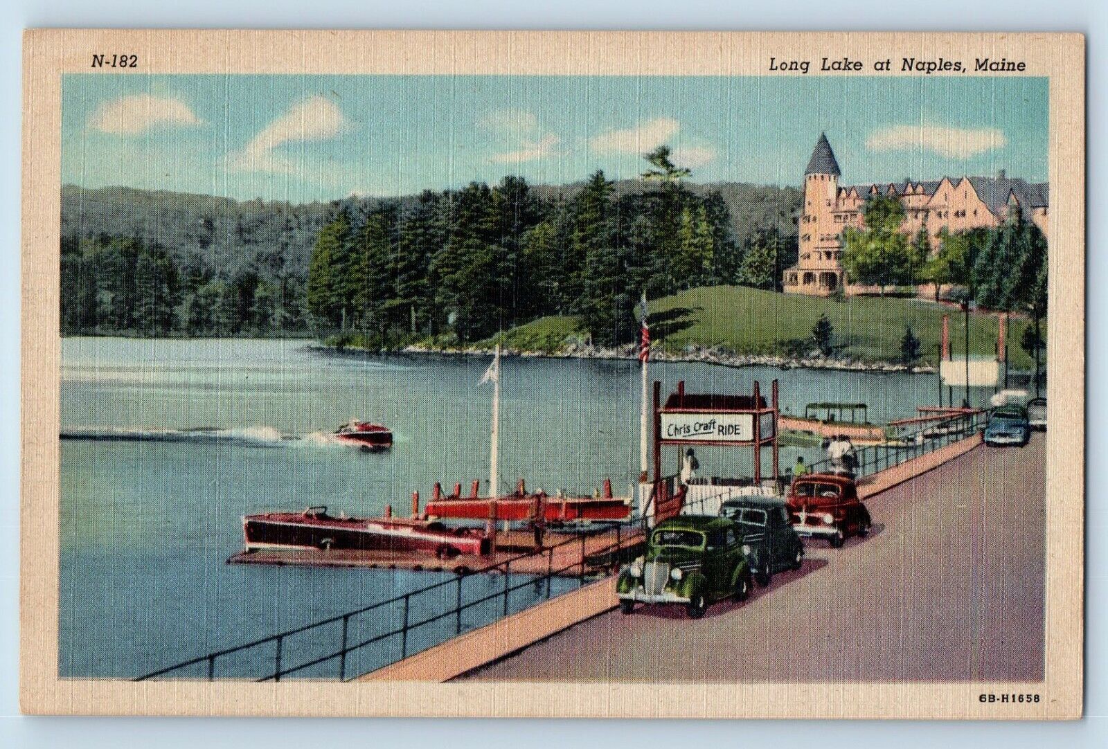 c1940's Boat and Landing Scene, Long Lake at Naples Maine ME Vintage Postcard
