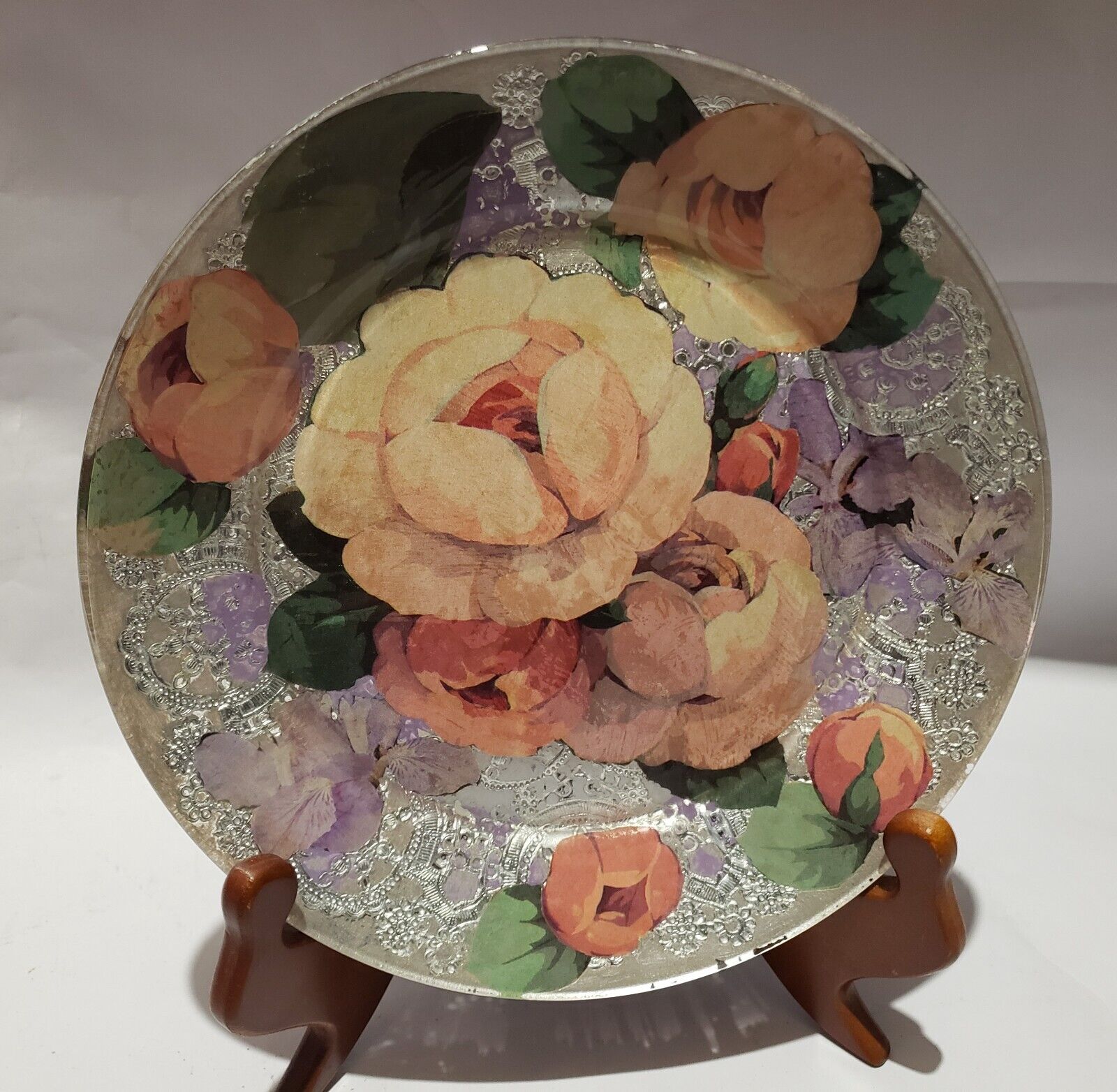 Antique Floral Decorative Plate Etched Silver