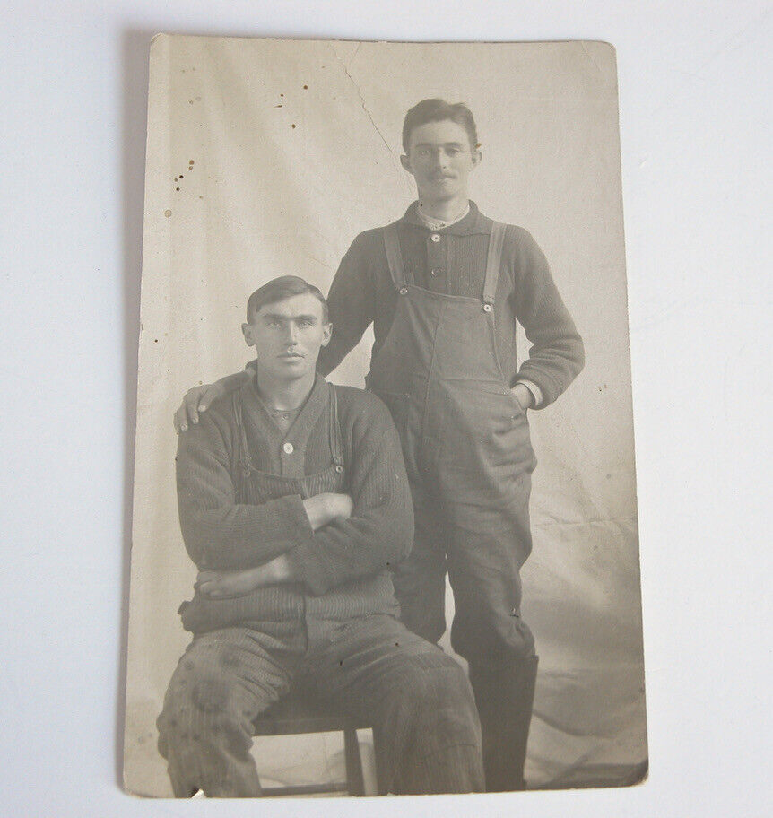 Vtg 1910s 20s Two Men in Overalls Coveralls WORKWEAR CO Postcard RPPC