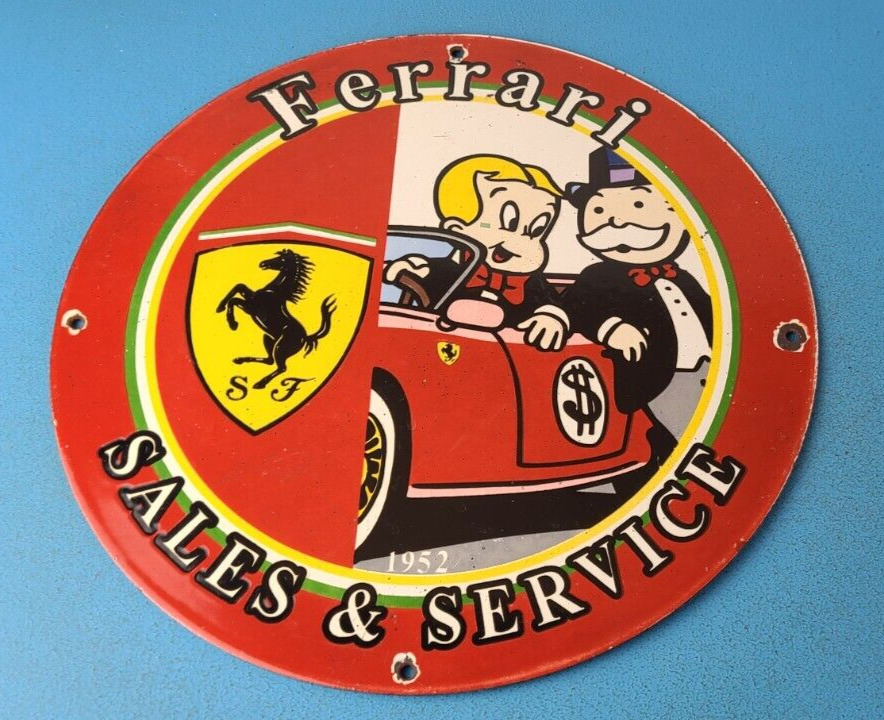 Vintage Ferrari Sign - Monopoly Richie Rich Sign - Porcelain Auto Gas Pump Sign