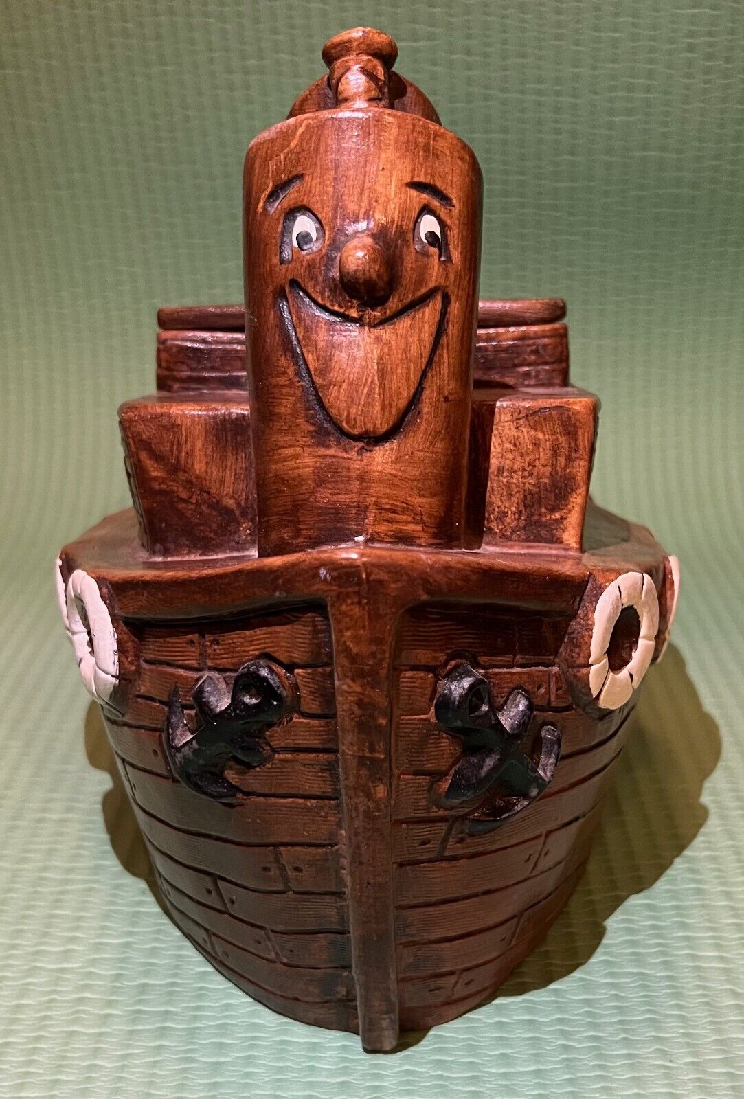 Vintage Toot Toot Tugboat Ceramic Cookie Jar by Treasure Craft in Rare Brown
