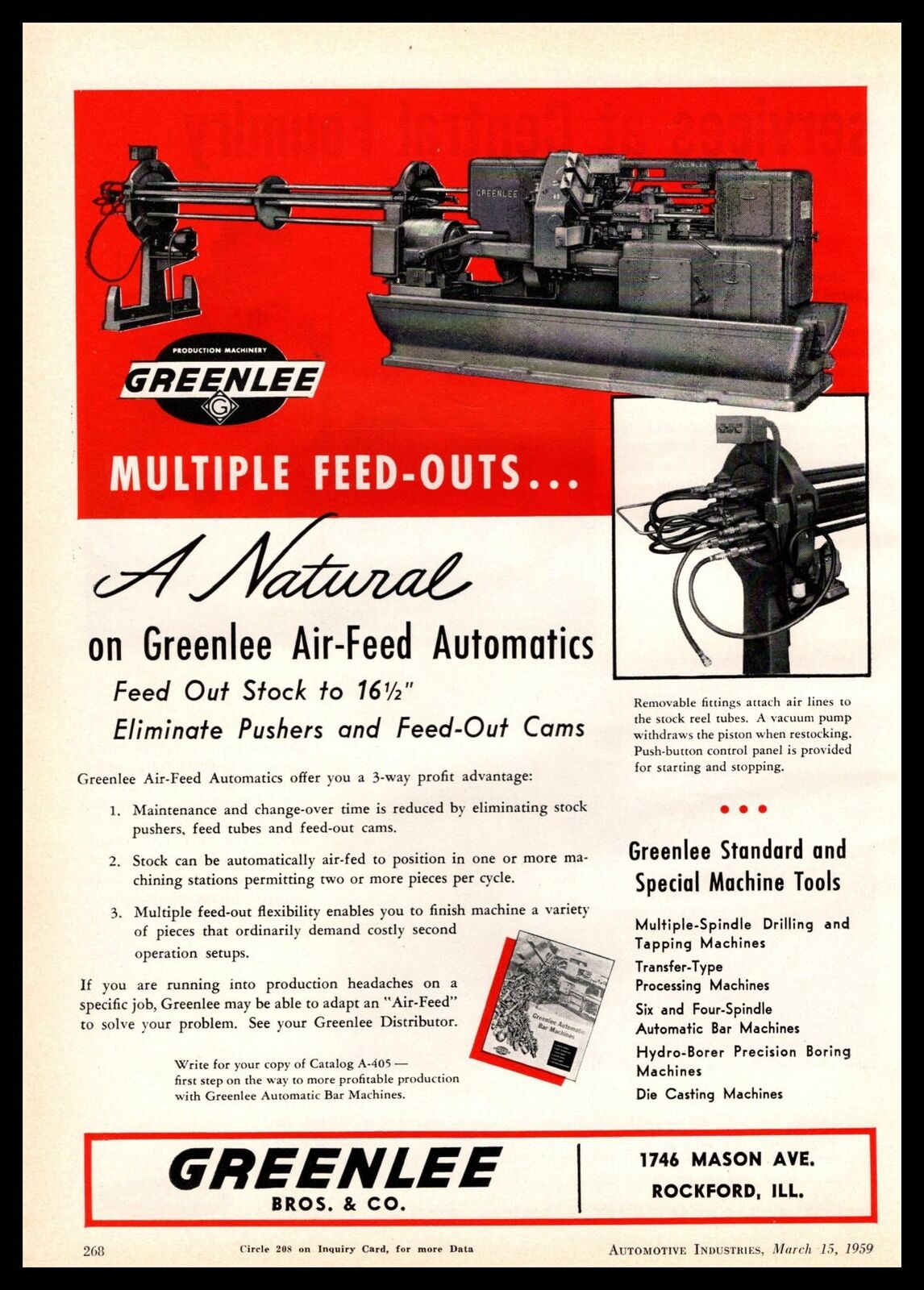 1959 Greenlee Bros. & Co. Rockford Illinois Air-Feed Automatic Machines Print Ad