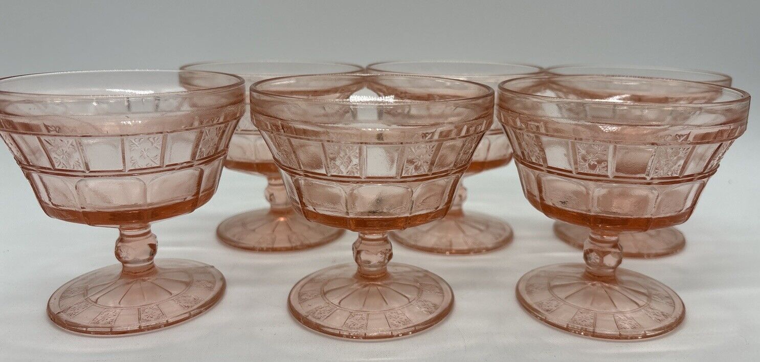 1930's Jeannette Glass 6 pink Doric footed sherbets Dainty Summer Party Vintage