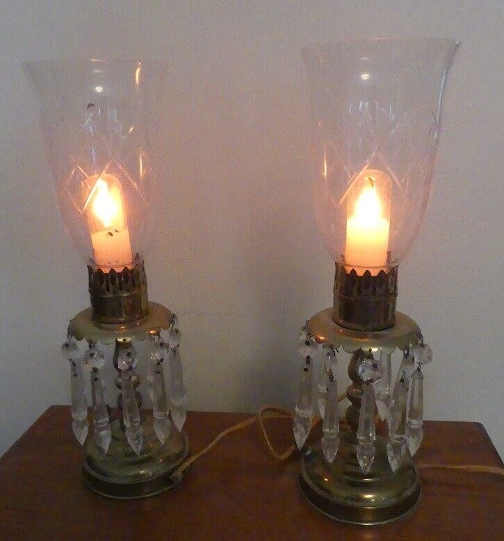 Pair of Vintage Hurricane Vanity Lamps with Brass Base and Hanging Prisms