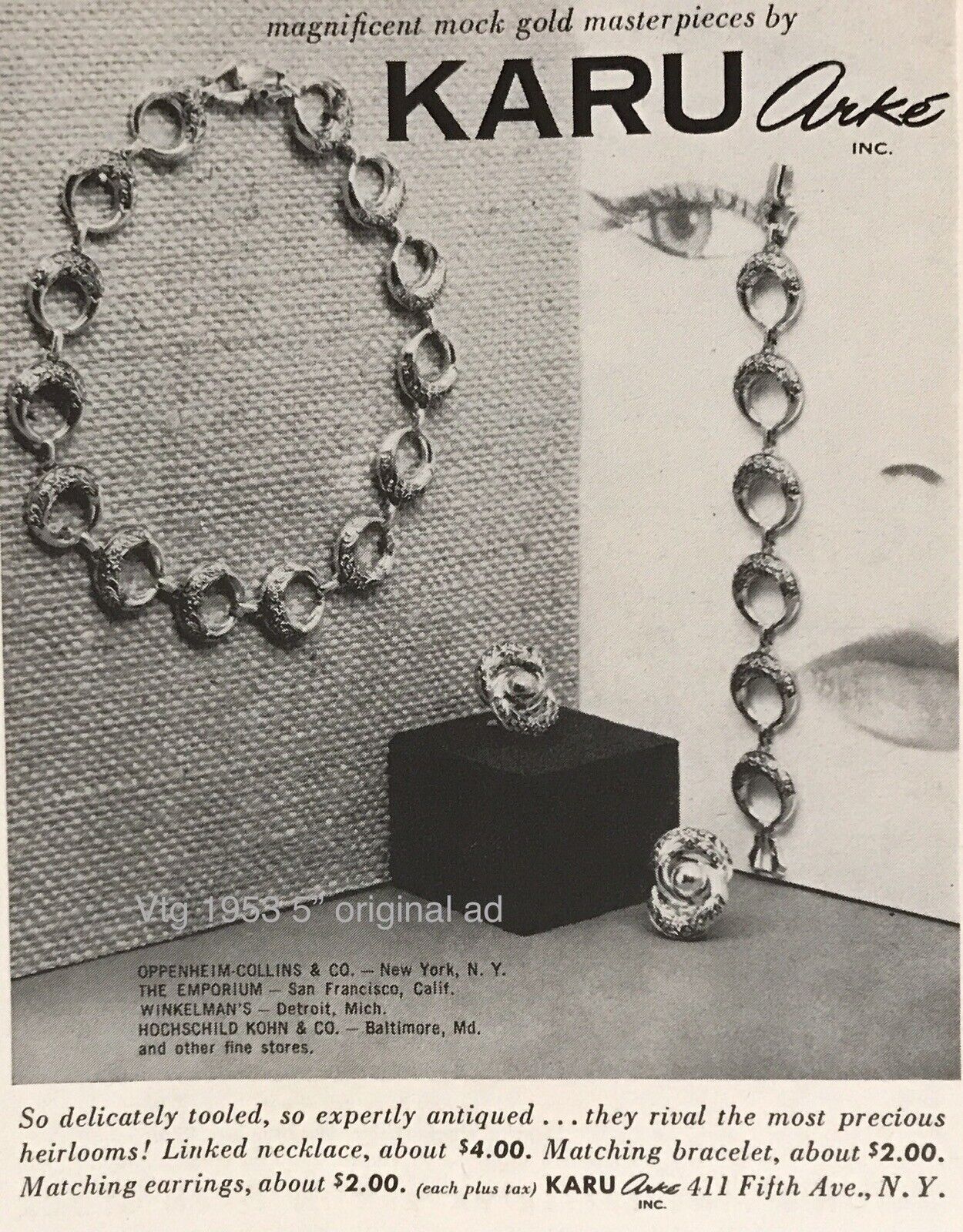 1953 PRINT AD FOR  Karu Arke Jewelry Mock Masterpieces VINTAGE PROMO 5”
