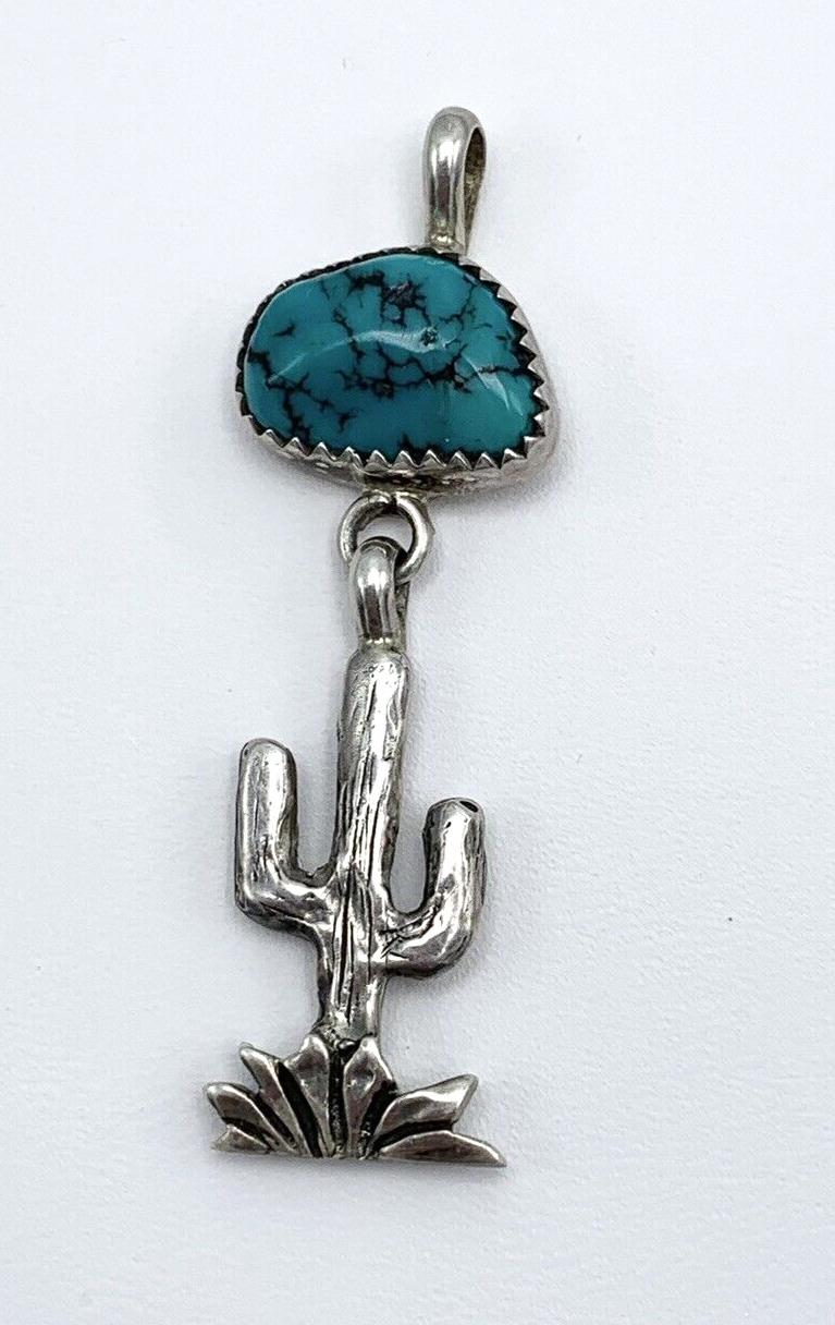 Vintage Native Navajo Southwestern Silver Turquoise Cactus Pendant