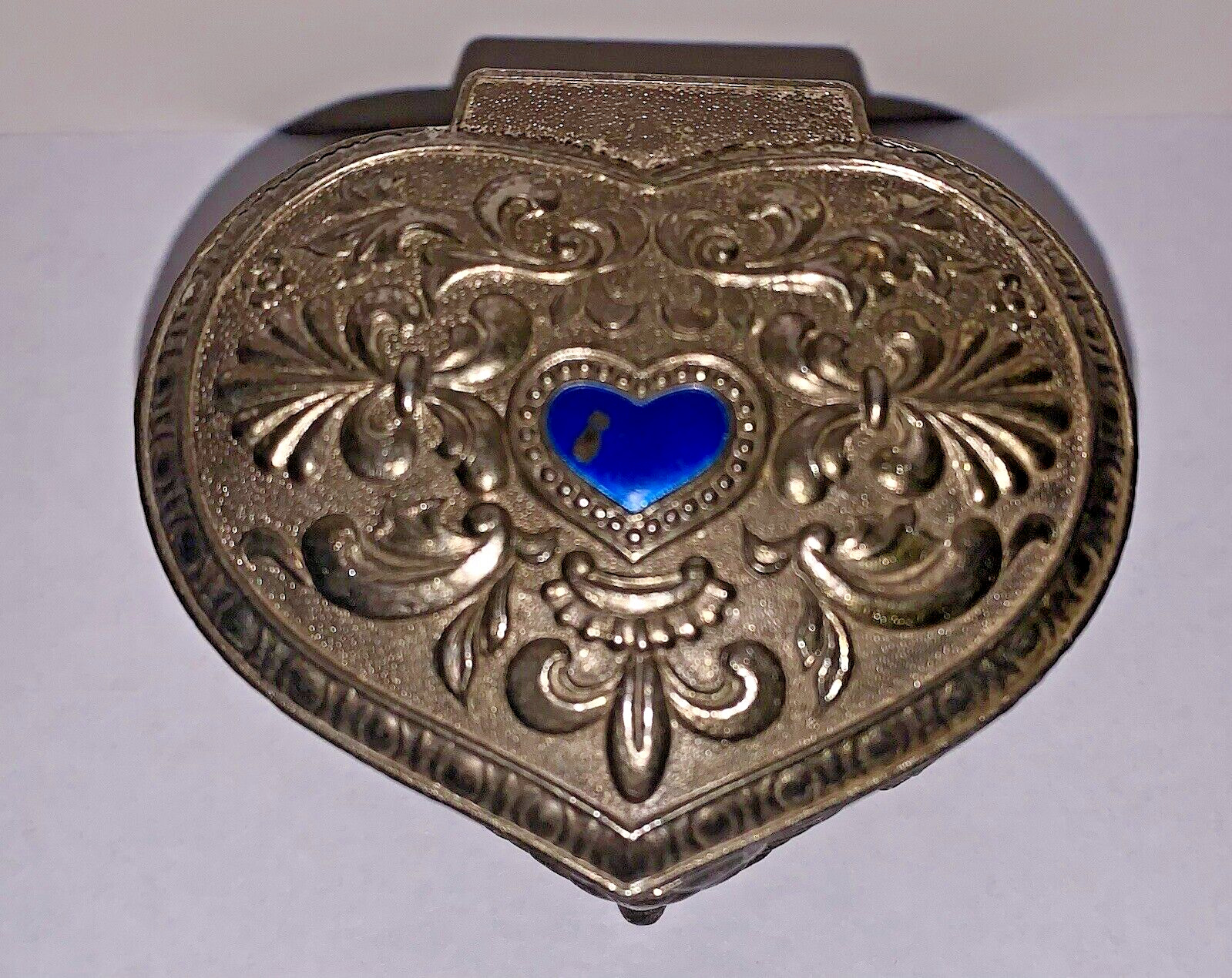 VTG Small Silver Tone Ornate Heart Lined Footed Trinket Jewelry Box Japan