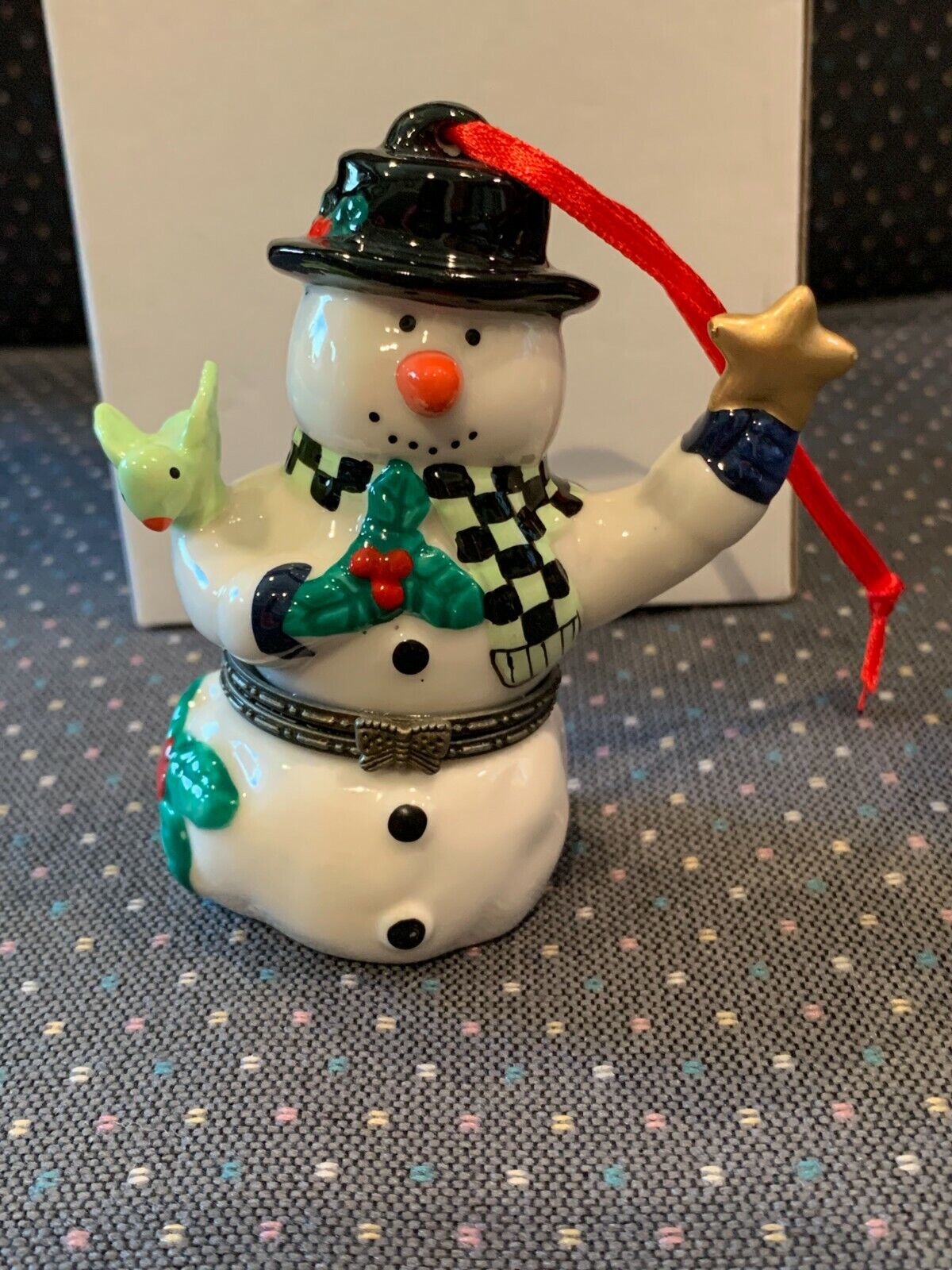 Adorable Snowman Hinged Porcelain Trinket Box Hanging Ornament NEW in box