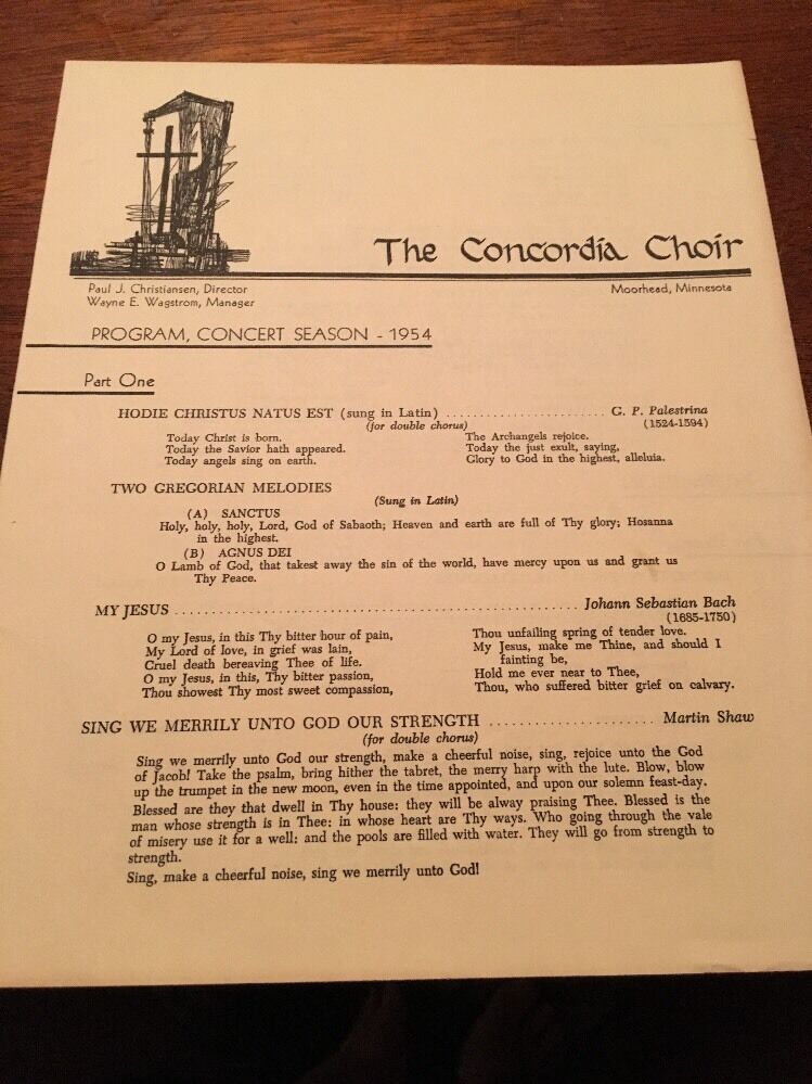 The Concordia Choir Program Concert Season 1954, Morehead Minnesota
