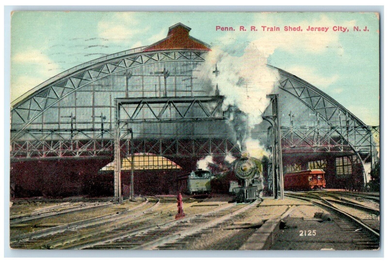 1913 Penn Railroad R R Locomotive Train Shed Jersey City New Jersey NJ Postcard