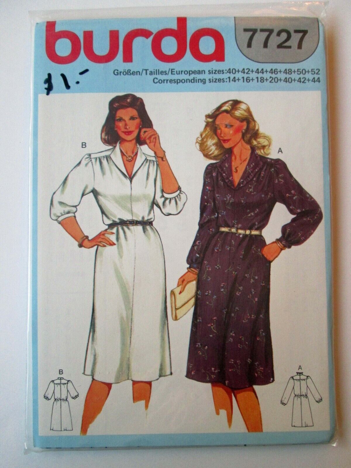 NEW Vintage BURDA Sewing Pattern Dress V-Neck Collar Country Puff Knee 1980 7727