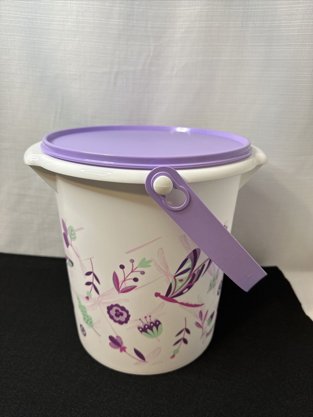 Tupperware Bucket 4654 With Handle Lilac Purple Lid 8.5 Liter Dragonfly Flowers