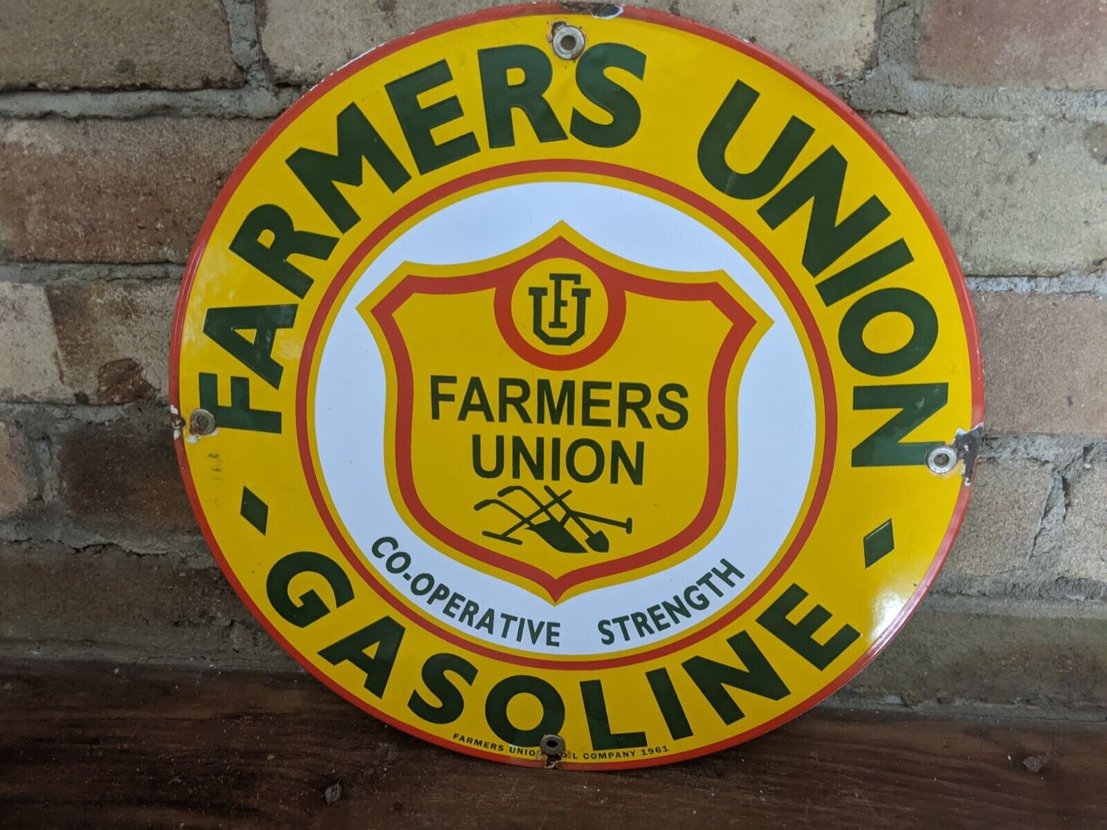 VINTAGE 1961 FARMERS UNION GASOLINE PORCELAIN GAS PUMP SIGN MOTOR OIL 12\