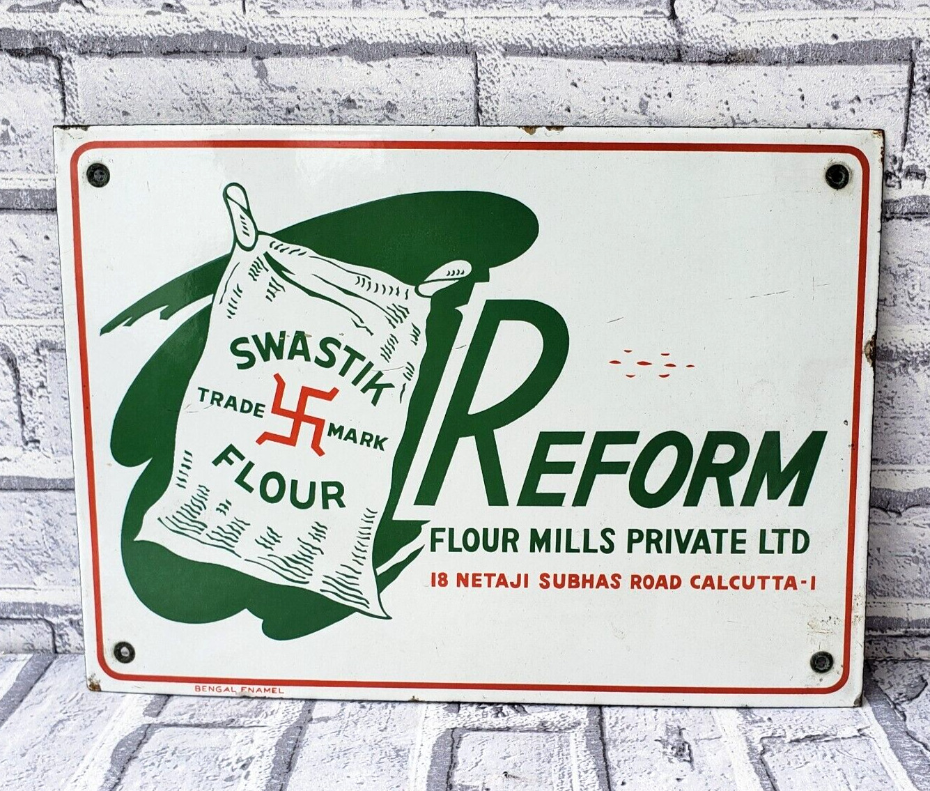 Collectible Original Reform Swastik Flour Vintage Porcelain Enamel Sign Board.
