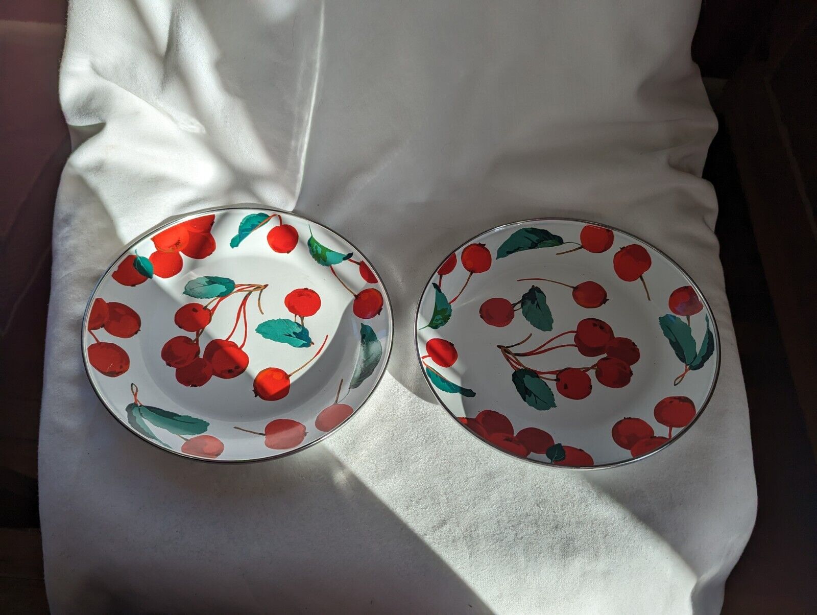 Pair of Pottery Barn enamel plates, Cherries, 8\