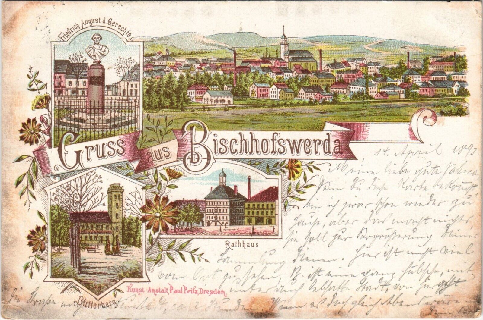 BISCHOFSWERDA GERMANY Forerunner 1892 Early Vintage Litho Postcard (b42473)