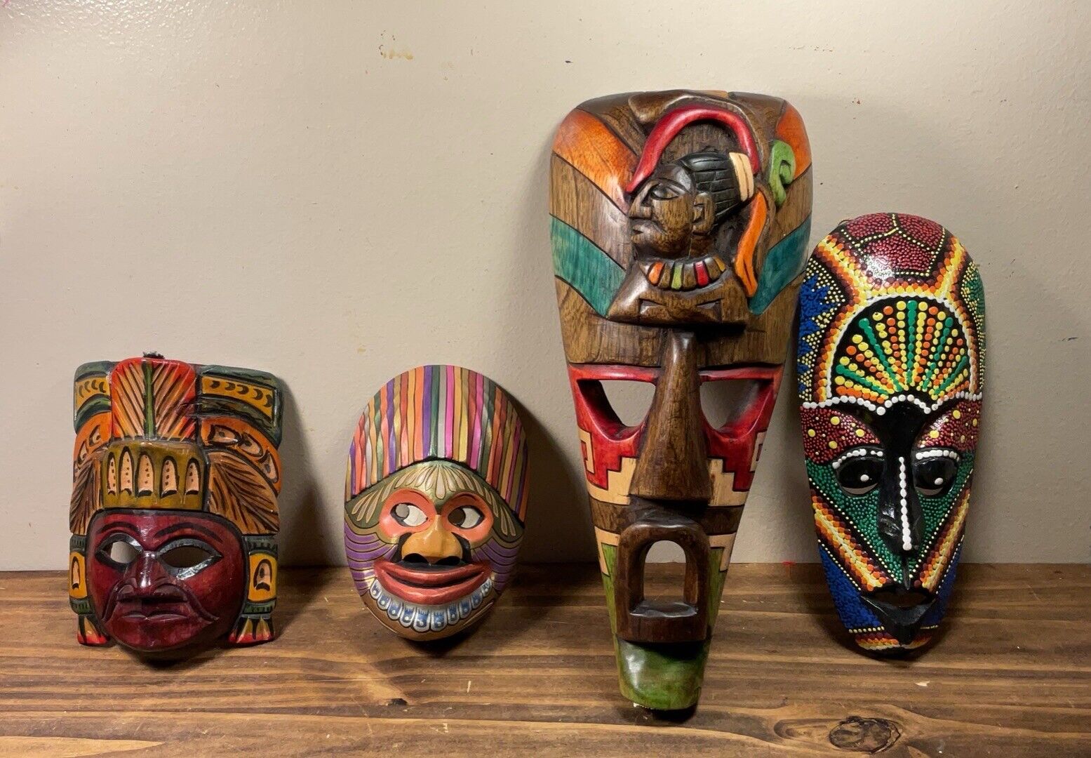 Vintage Hand-Carved Hand-Painted/Stained WOOD TRIBAL NATIVE MASKS LOT OF 4