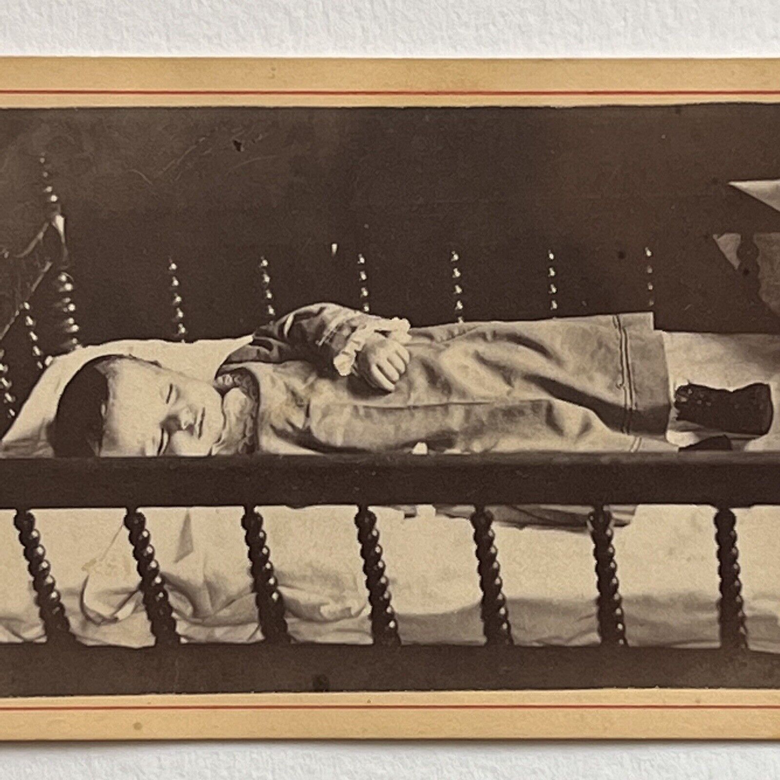 Antique CDV Photograph Mourning Post Mortem Baby Boy In Crib Inscribed Oxford MI