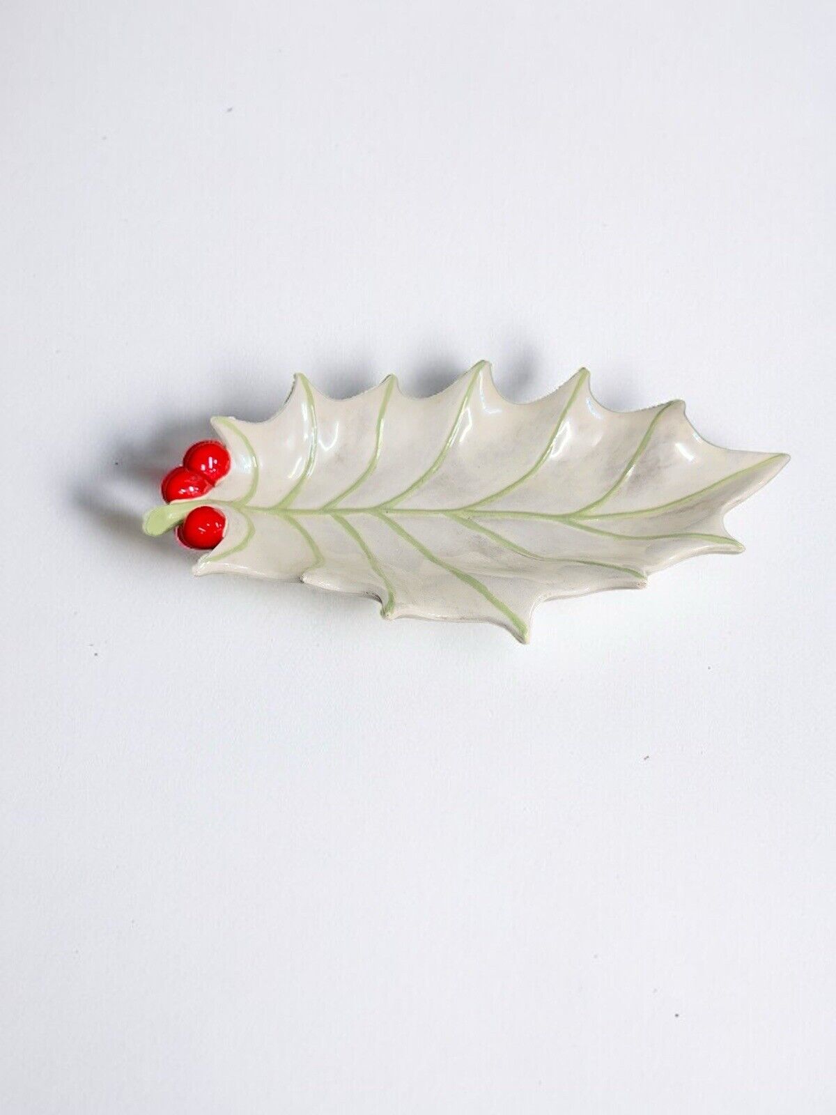 Vintage Holland Mold Holly  Leaf Candy Dish Ceramic  Christmas White/pearl Red