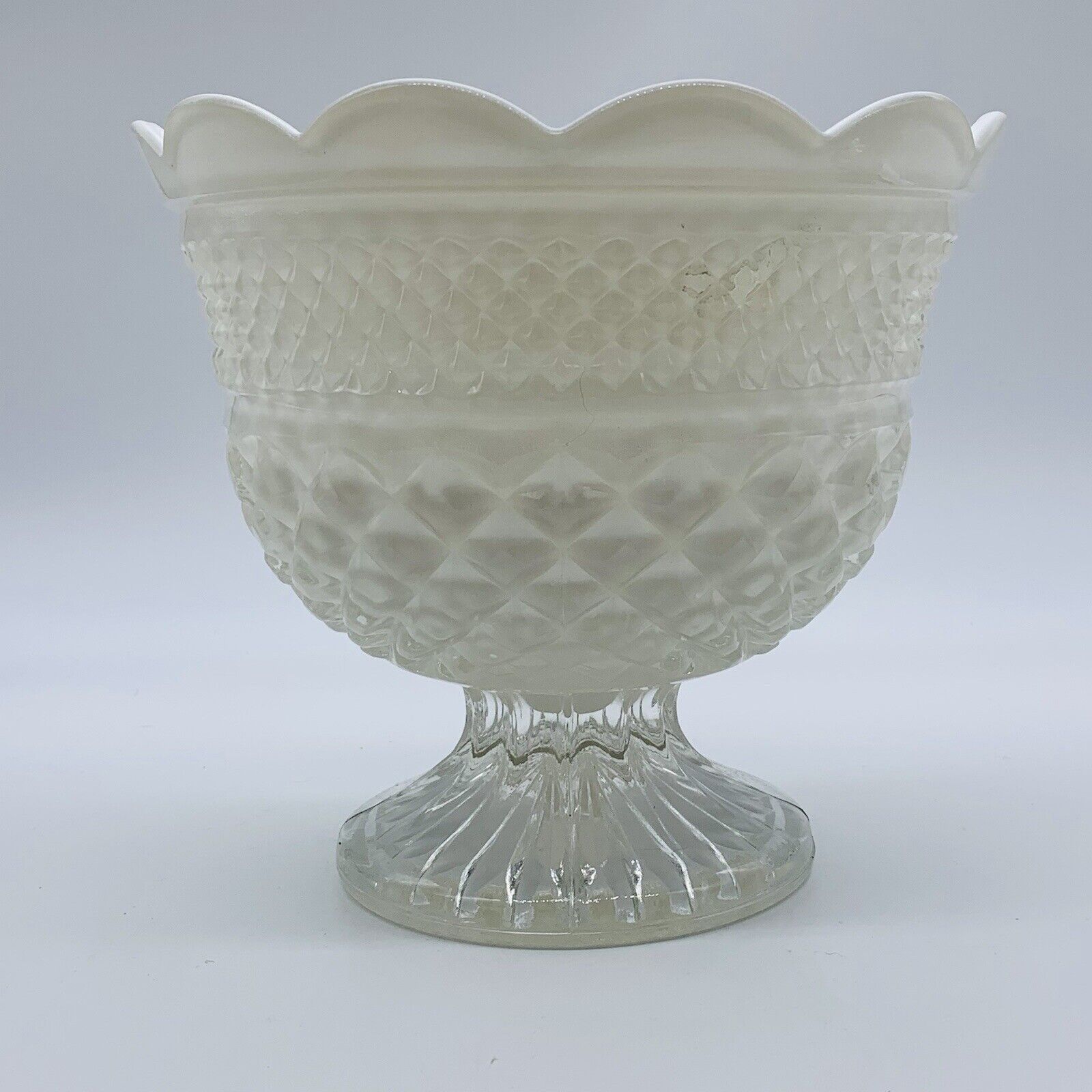 Vintage 1960s Art Glass White Cased Pedestal Bowl  Centerpiece 7”T 8”W