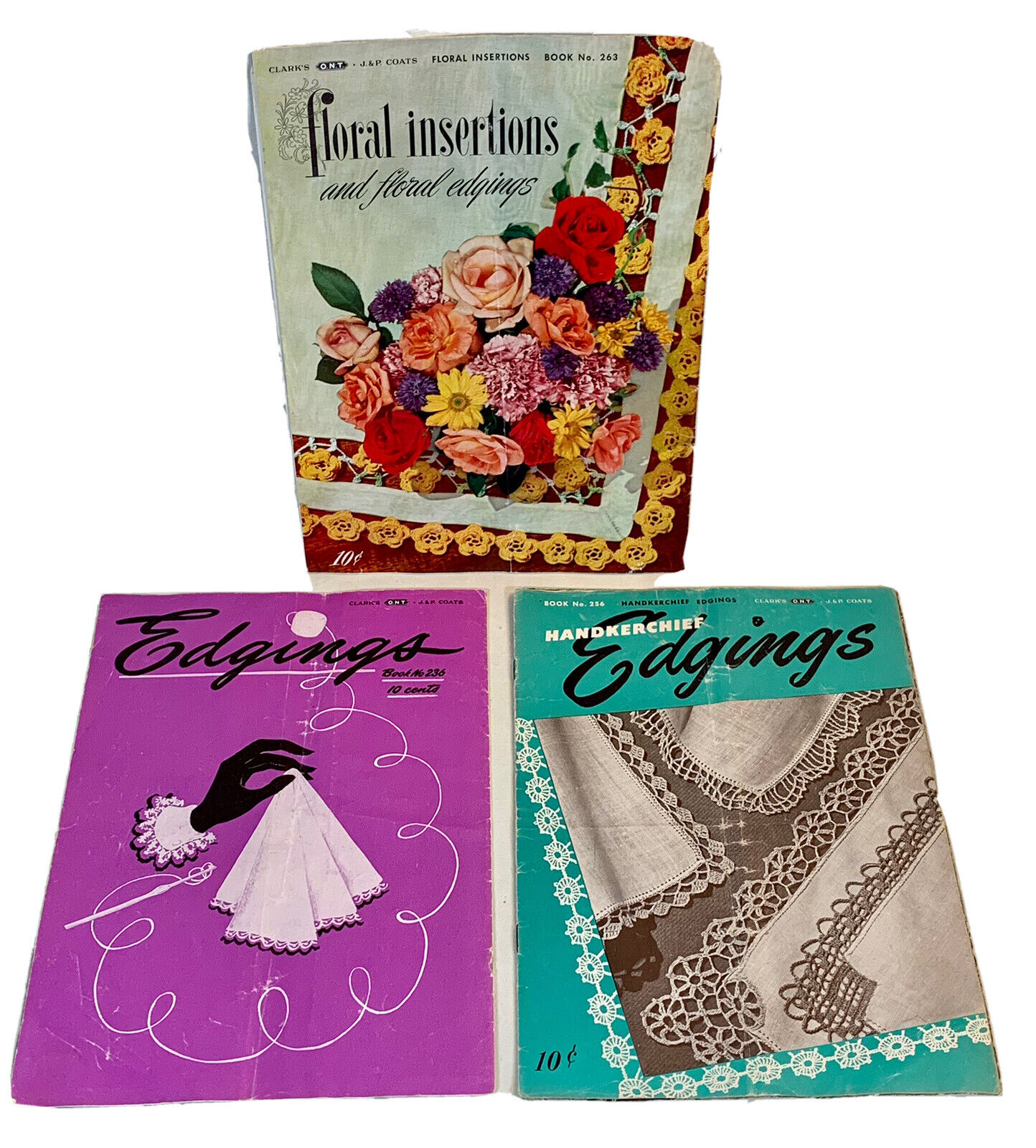 Lot 3 Coats and clarks booklets vintage 1940s handkerchief edging books AS IS