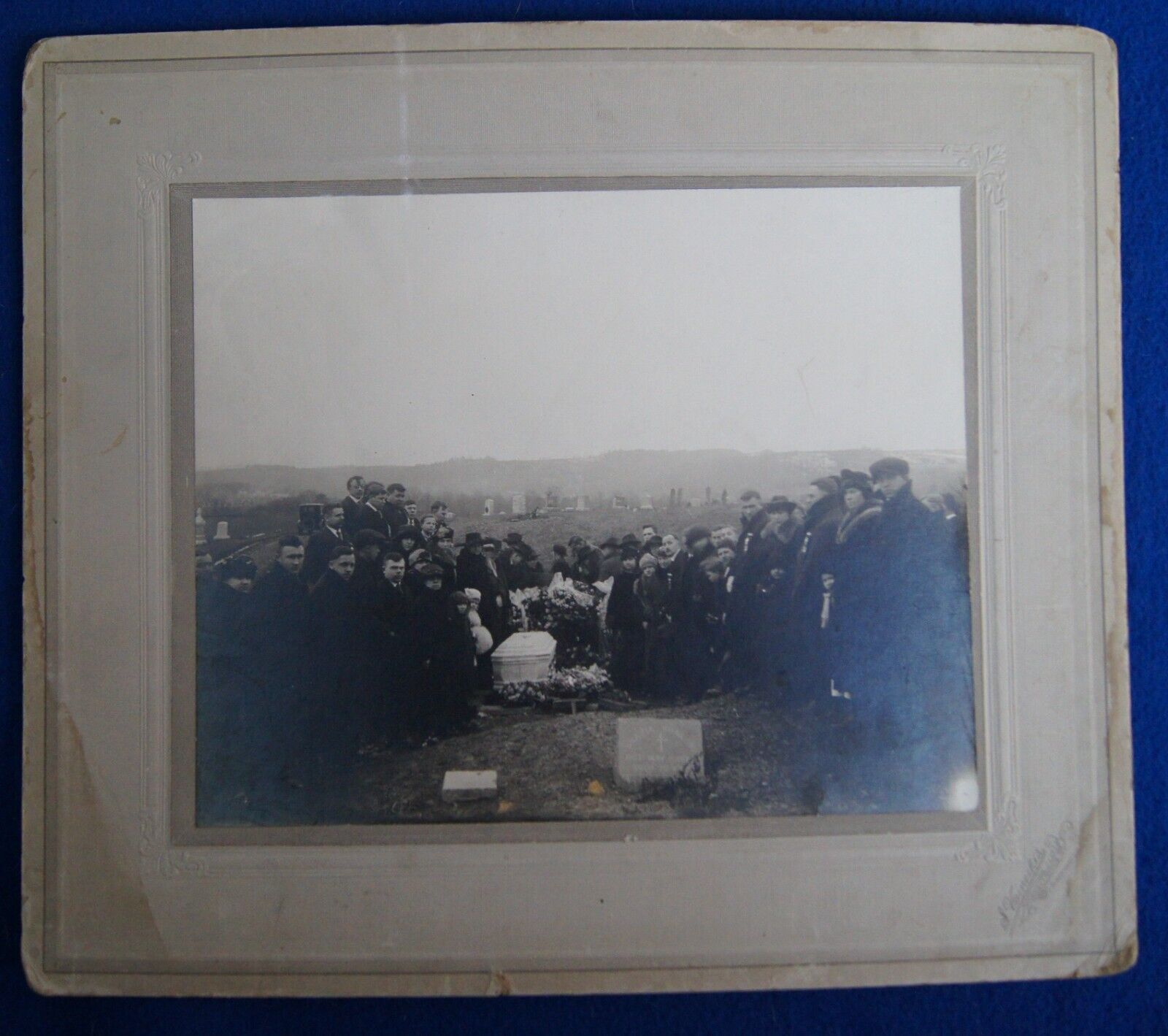Antique 1920s Rare Mounted  Large Group Graveyard Funeral Photo 14 X 12