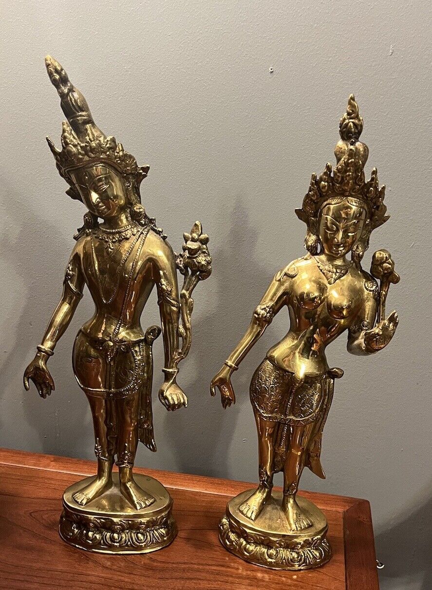 Pair of Mid Century Modern Brass Bodhisattva Statues
