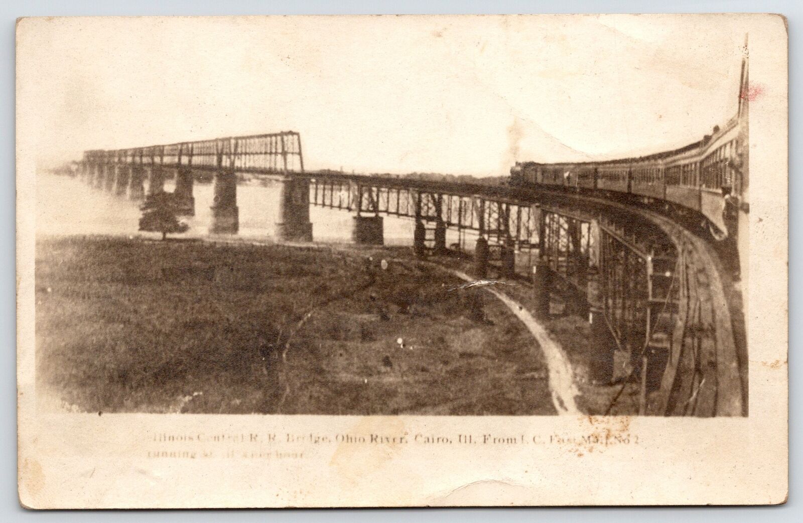Cairo ICRR Railroad Trestle~Fast Mail Train~OH River Bridge c1910 RPPC CR Childs