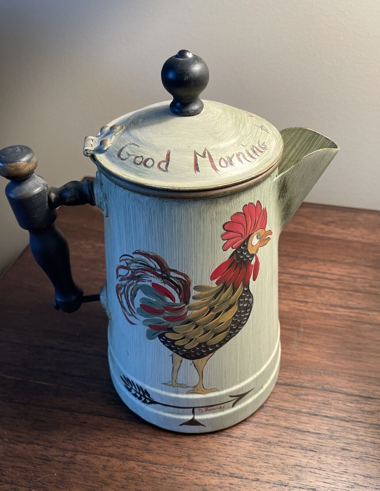 Vintage Handpainted Toleware Metal Coffee Pot Folk Art Rooster Good Morning