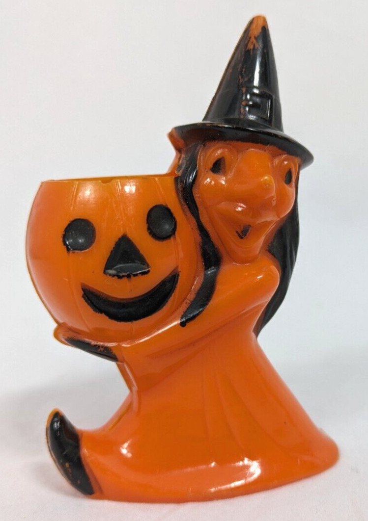 Vintage Halloween ROSBRO Plastics Witch Holding Pumpkin Plastic Candy Holder