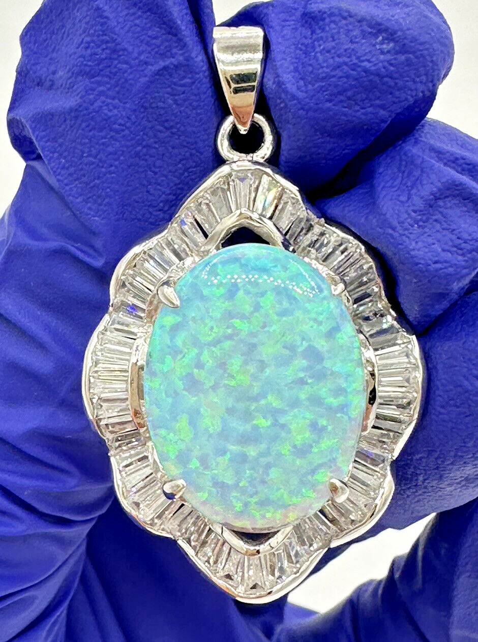 Unique Sterling Silver 925 Oval White Opal With Baguette CZ Pendant 1.5”