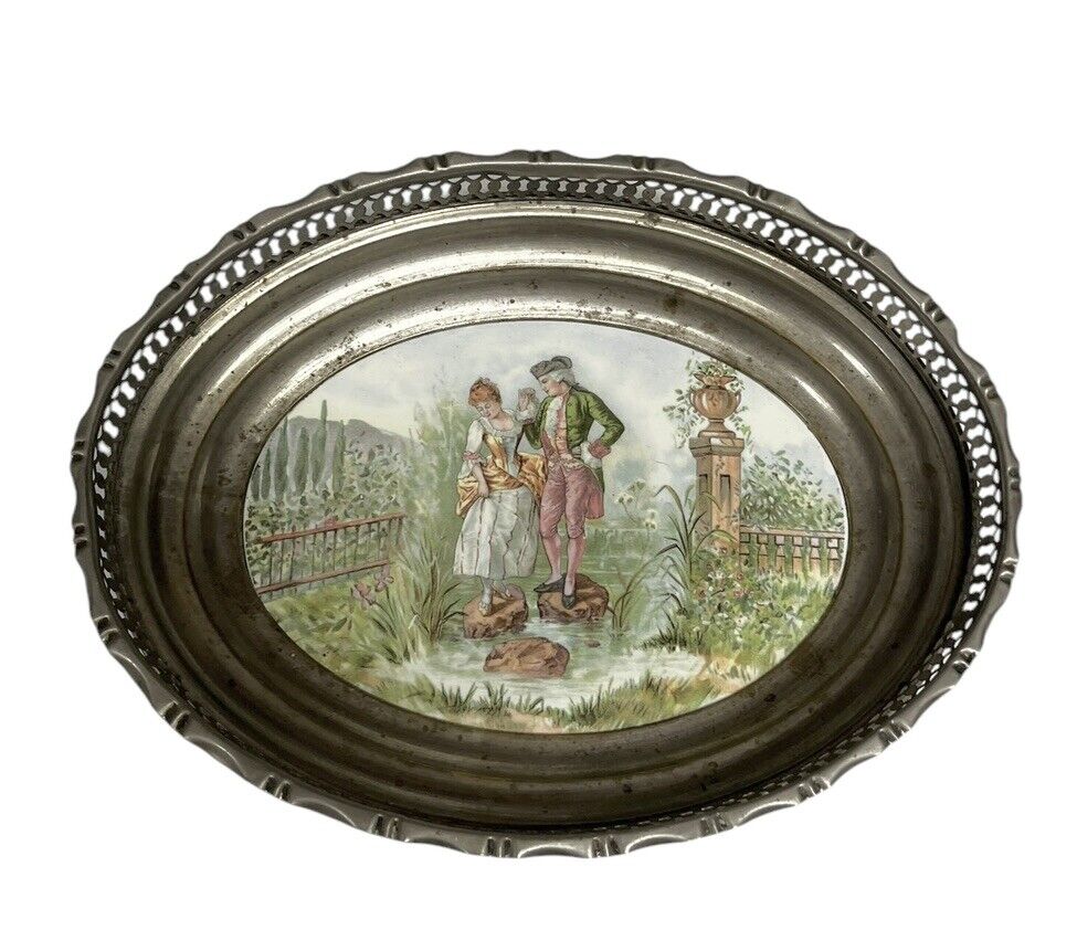 Vintage Limoges Plaque Metallic Tray Couple Romantic Scene Porcelain 11”x8,5