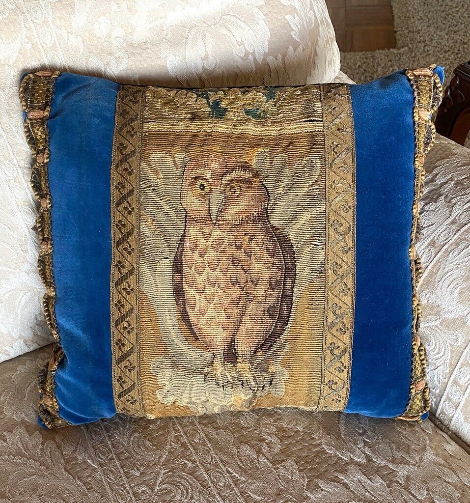 Superb Antique French Aubusson Tapestry & Passementerie Throw Pillow, 18th C Owl