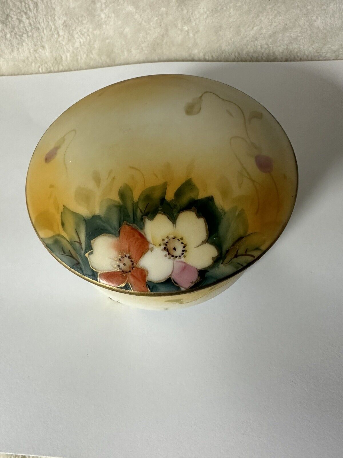 Vintage Hand Painted Porcelain Nippon Trinket Jewelry Hair Receiver Box Dogwood
