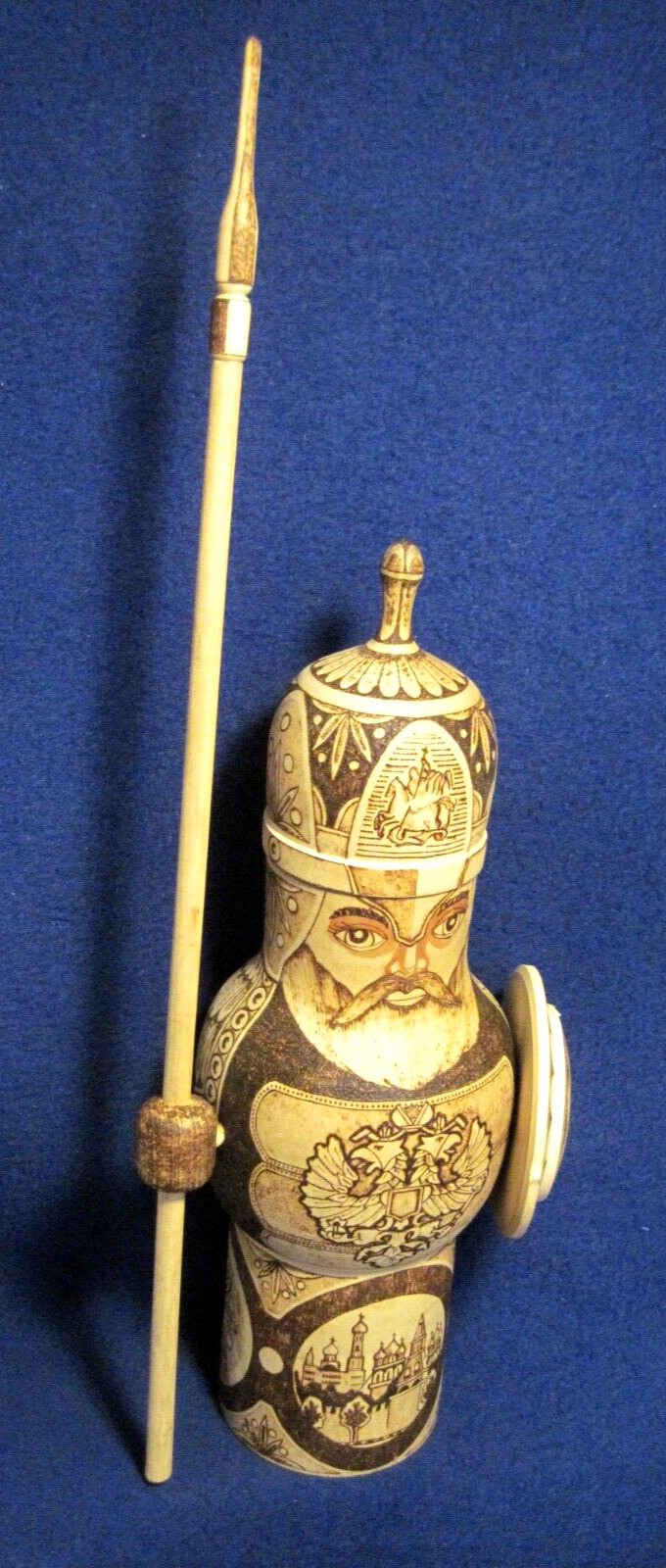 Vintage Russian wood turned/carved guard/knight canister/bottle holder 25\