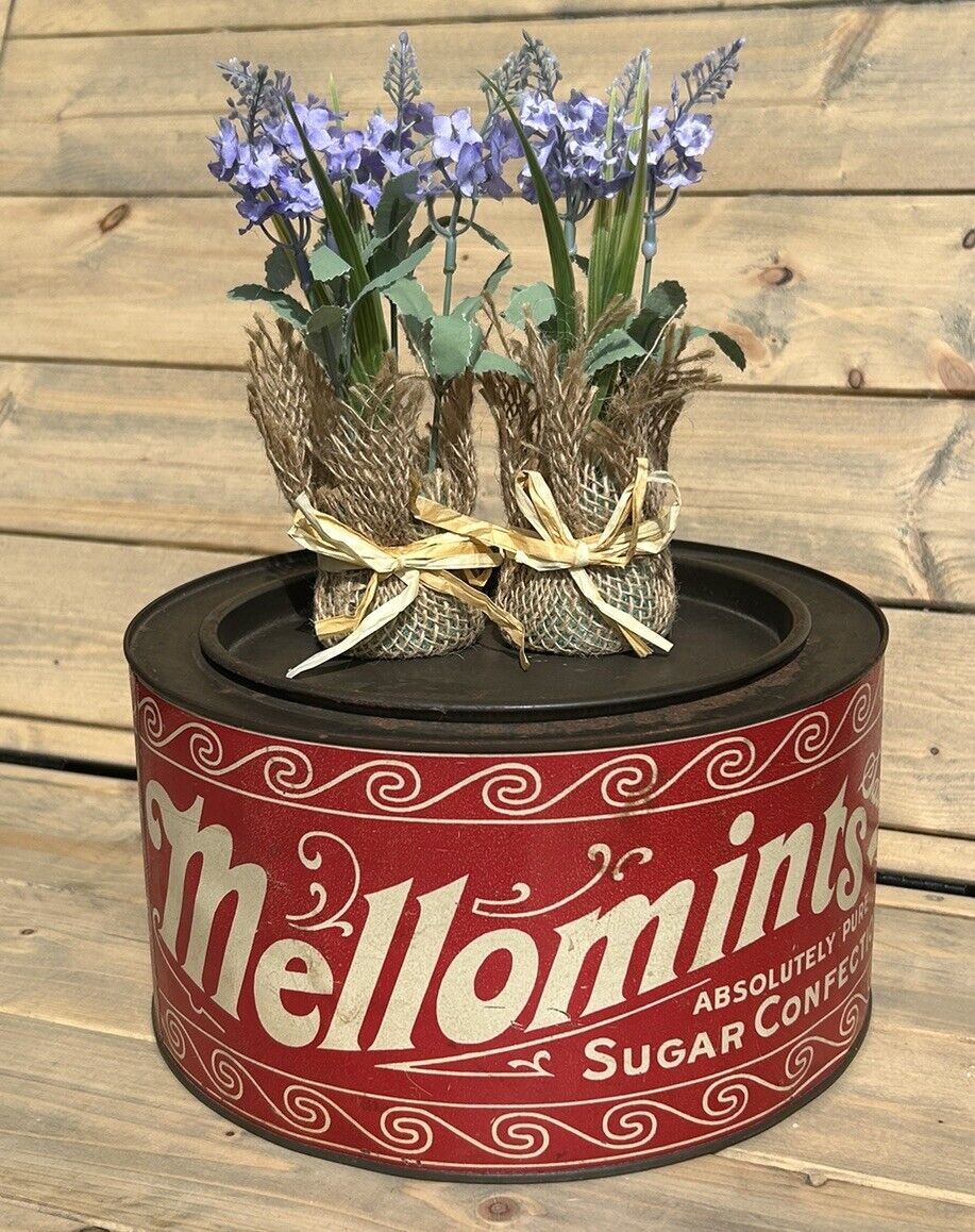 Vintage 1940's 1950's MELLOMINTS Sugar Confection Candy 5 Lb Red Tin - Pry Top
