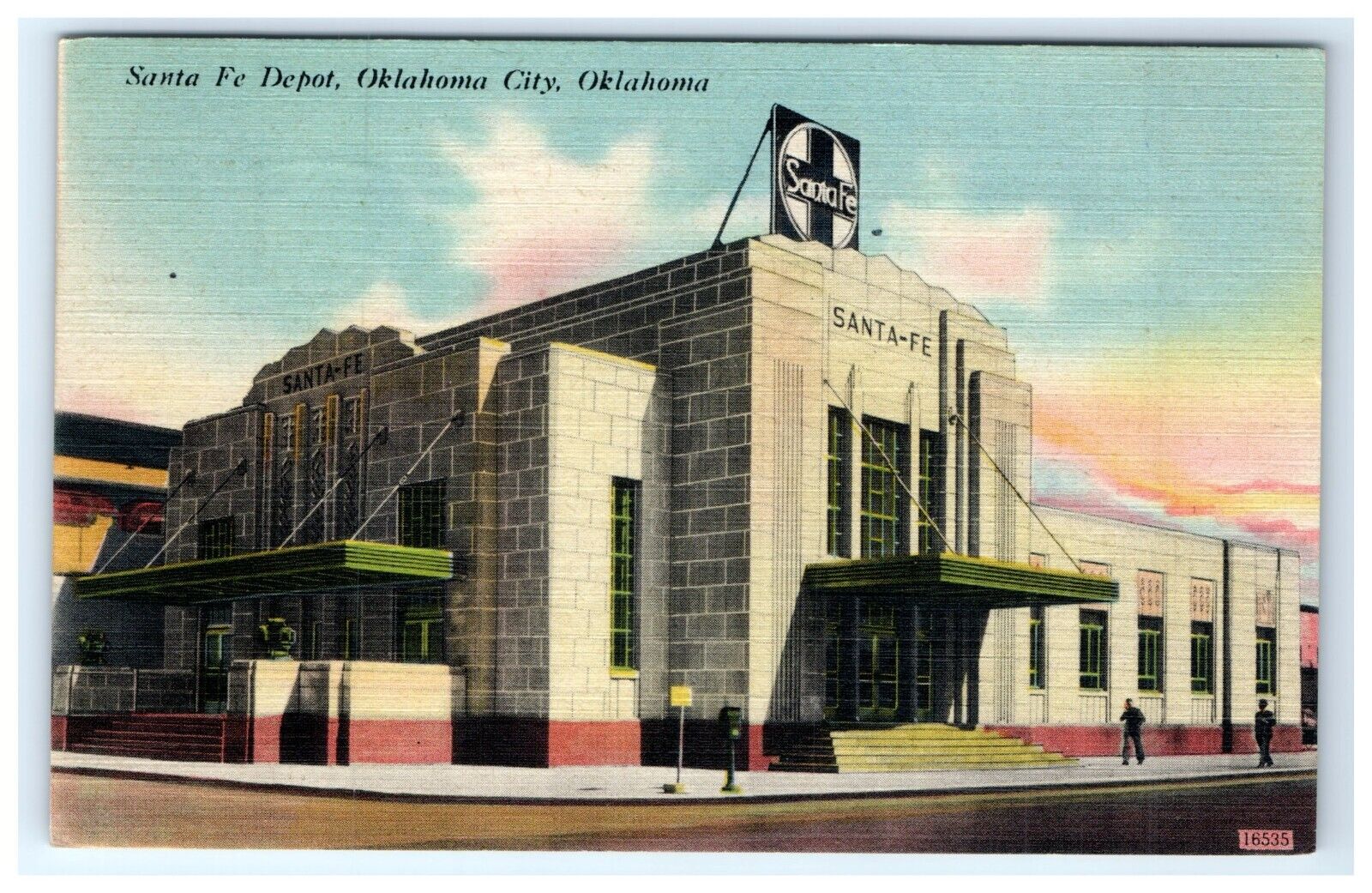 1949 Postcard Santa Fe Depot Railroad Oklahoma City Oklahoma People