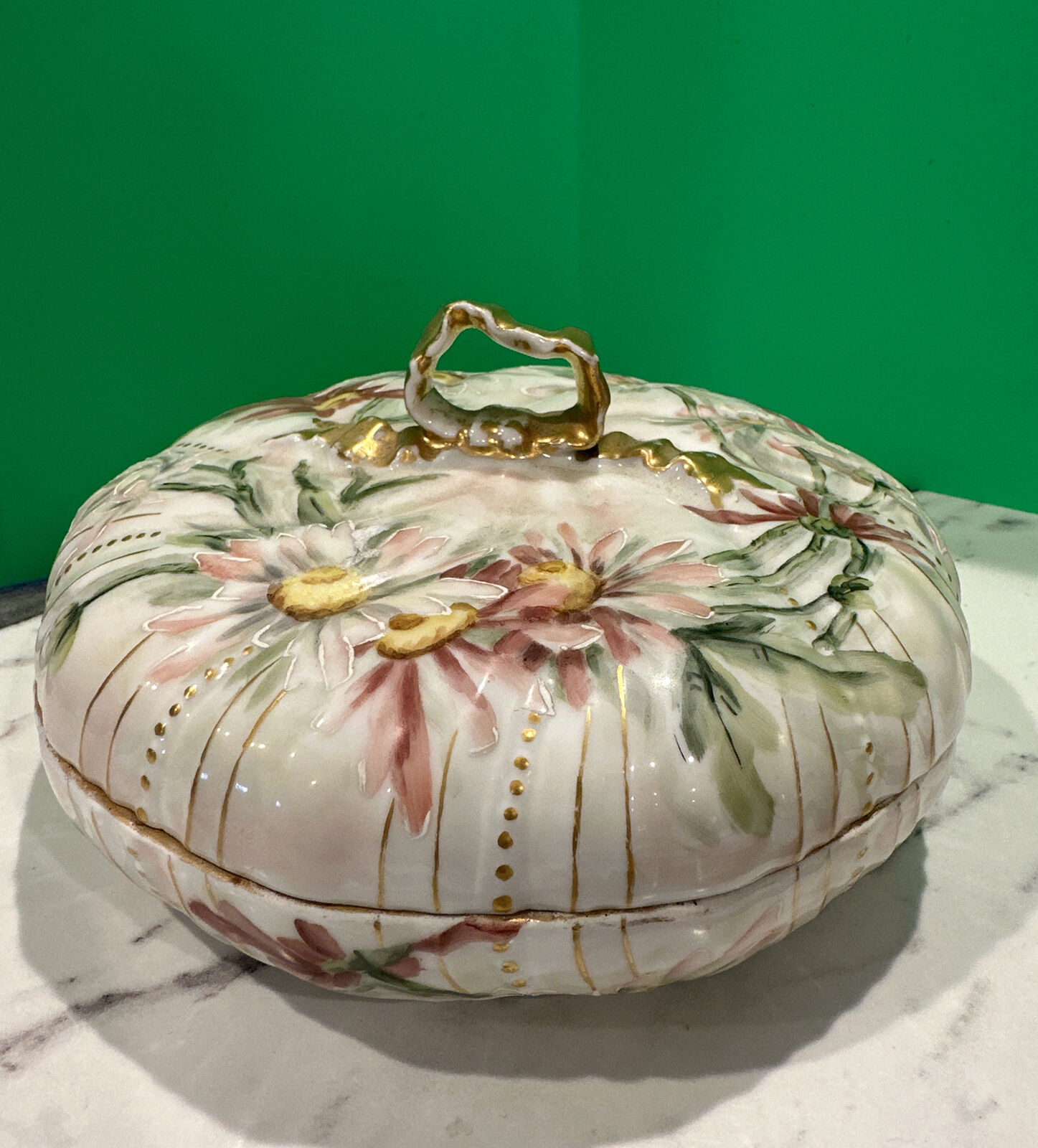 Antique Alfred Lanternier Limoges Porcelain Covered Trinket Pie Plate W/ Flowers