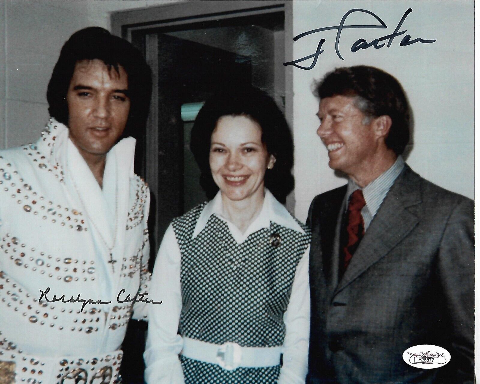 Jimmy & Rosalynn Carter Autographed 8 x 10 Signed Photo with Elvis Presley JSA